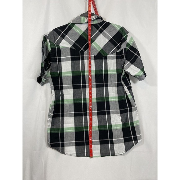 MX Republic Mens Button Up Short Sleeve Shirt White Green Black Plaid Size Large - Picture 8 of 8